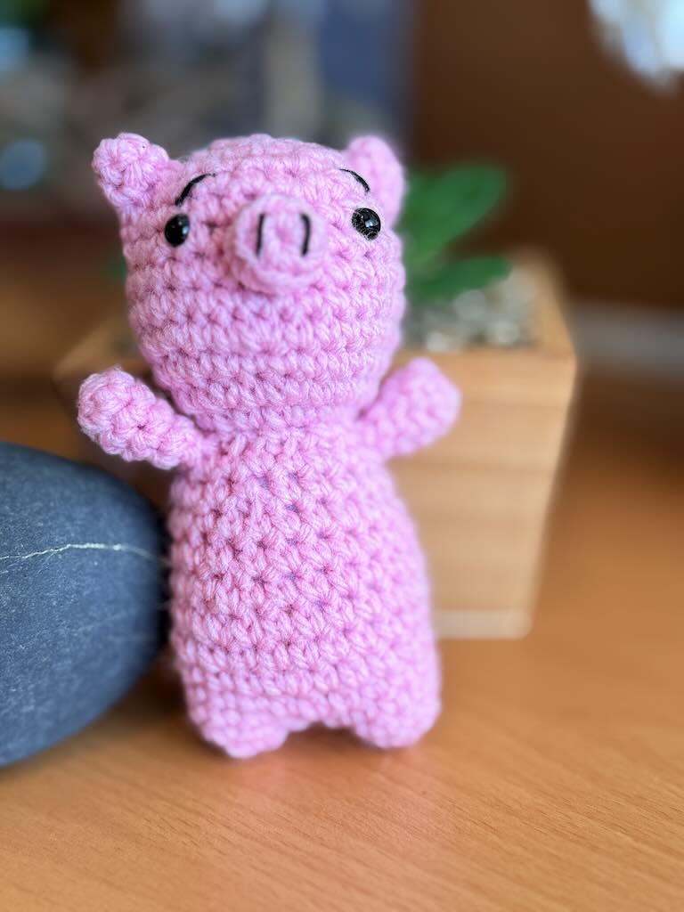 handmade crochet little pink piggy with round snout and short arms
