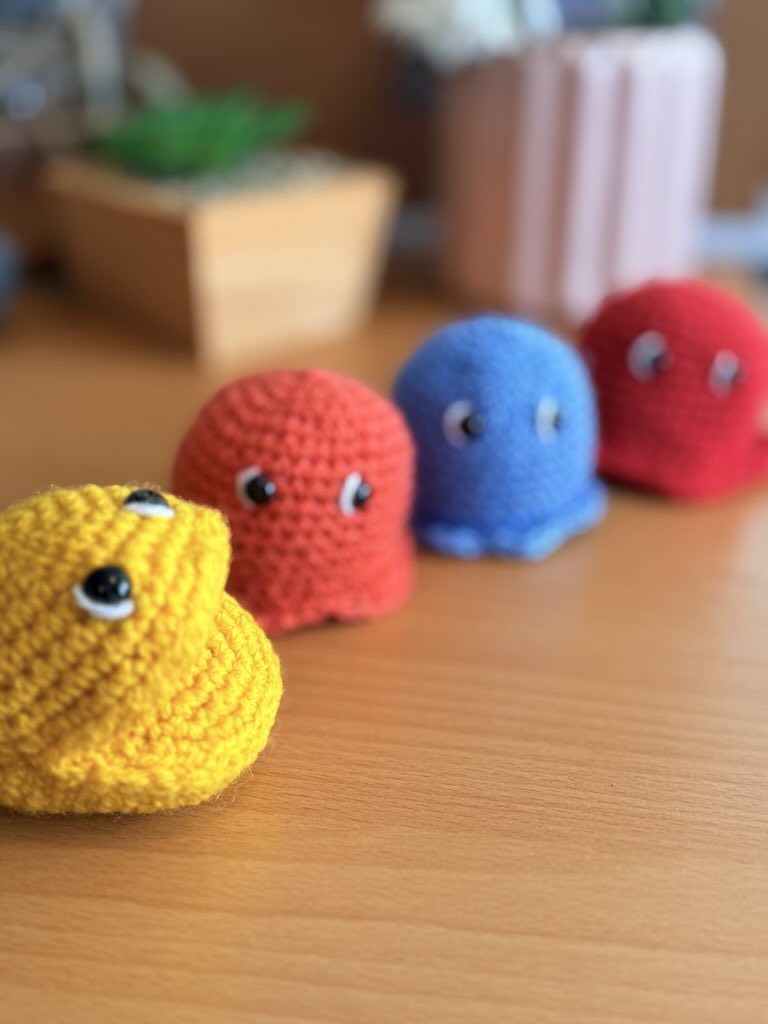 handmade crochet Pac-Man character toy with classic yellow design and Ghosties