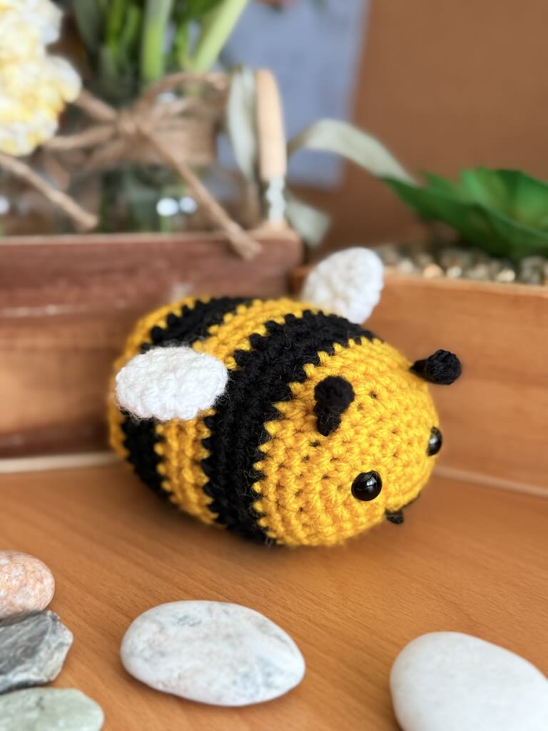 handmade crochet little bee with yellow and black stripes