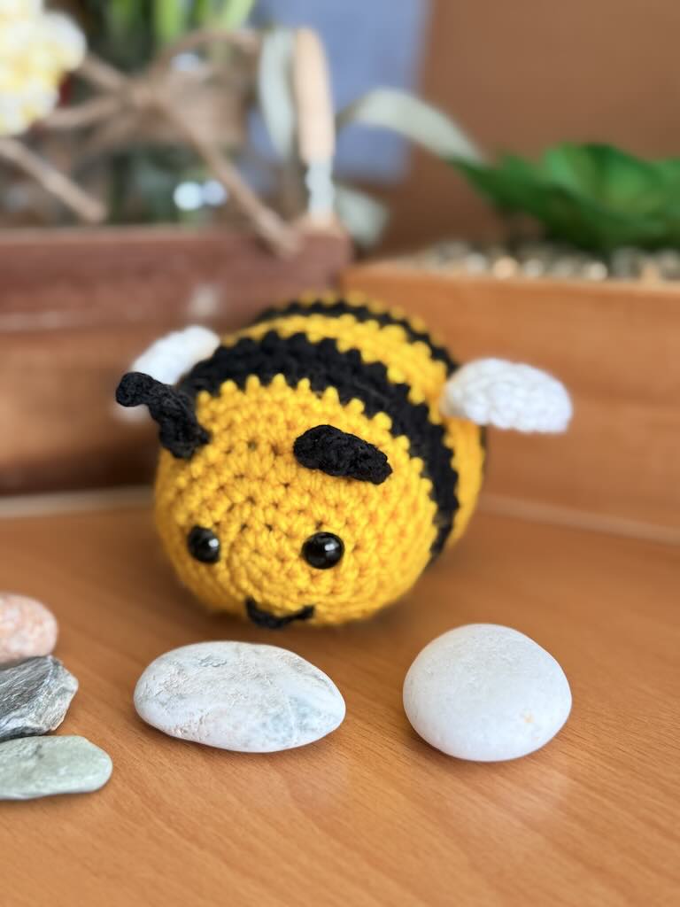 handmade crochet little bee with yellow and black stripes