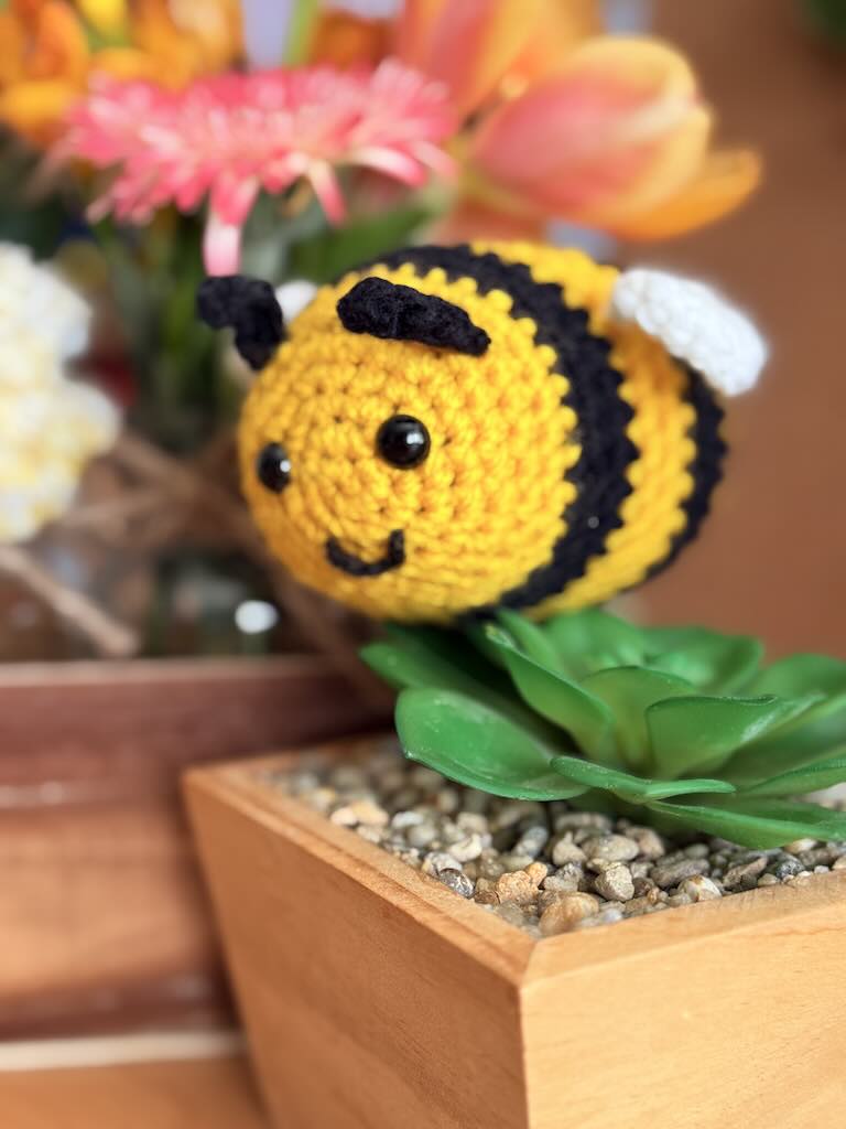 handmade crochet little bee with yellow and black stripes