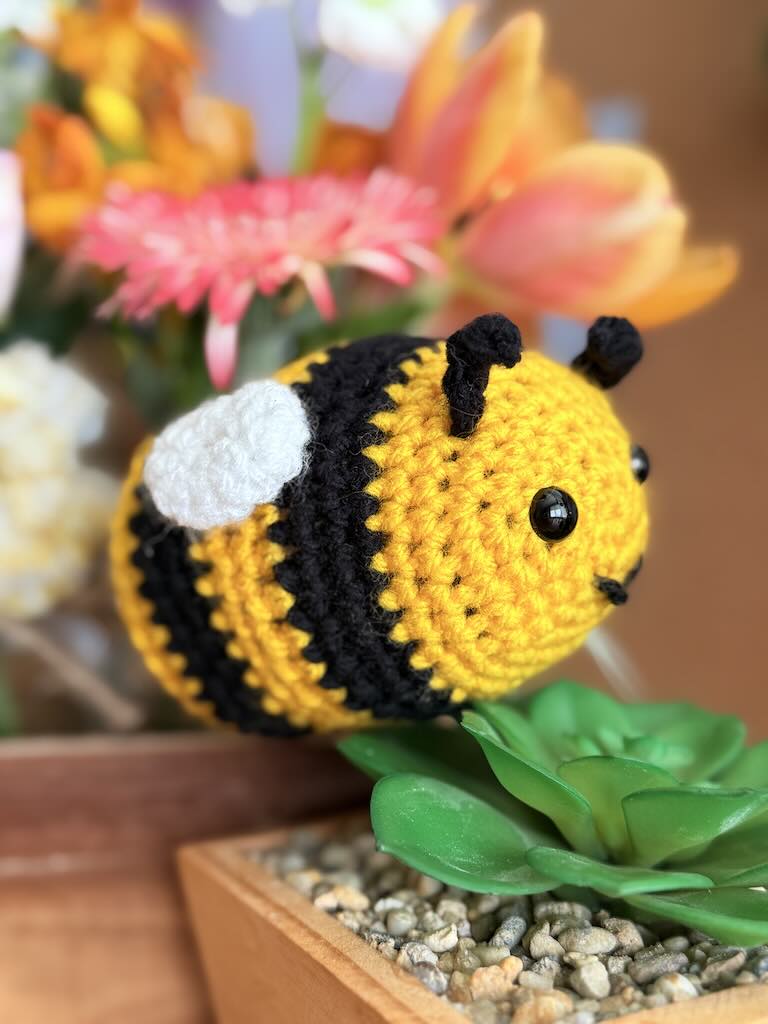 handmade crochet little bee with yellow and black stripes
