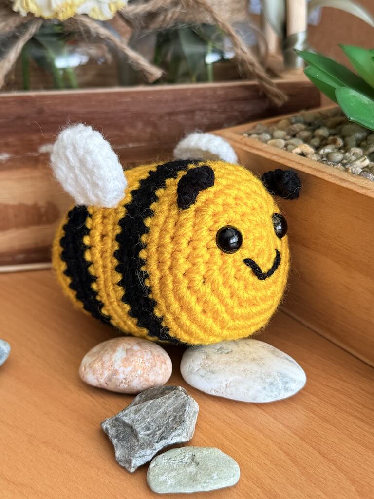 handmade crochet little bee with yellow and black stripes