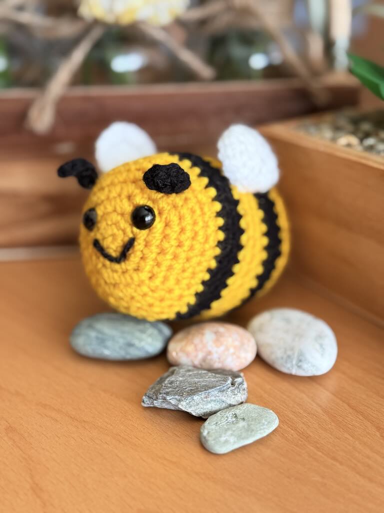 handmade crochet little bee with yellow and black stripes