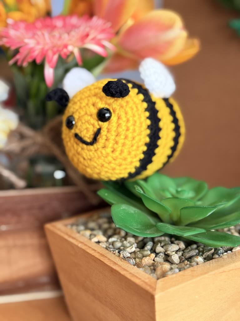 handmade crochet little bee with yellow and black stripes