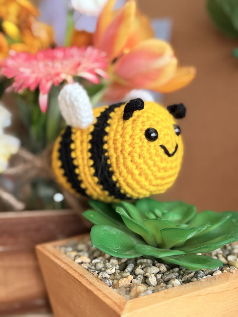 handmade crochet little bee with yellow and black stripes