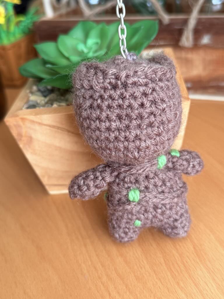 keychain crochet Groot toy with brown body and cute face