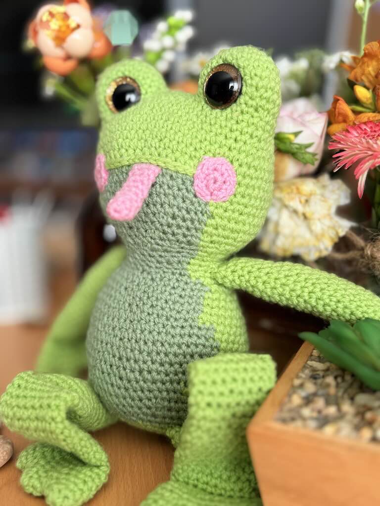 handmade crochet frog toy named Flipper with big eyes and pink tongue