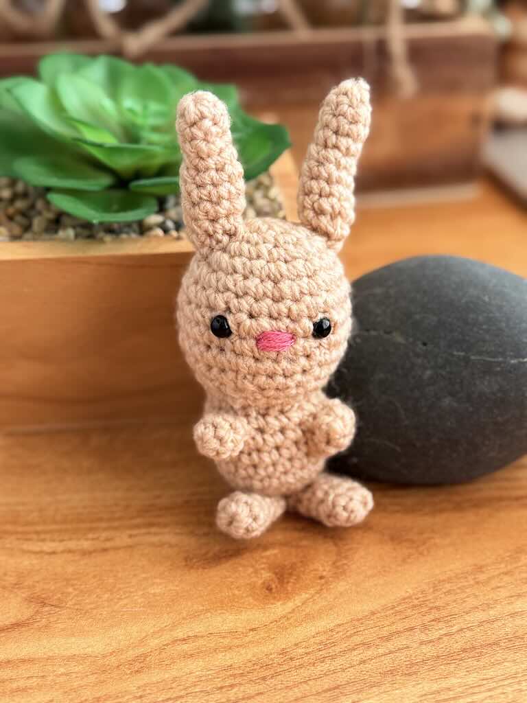 handmade crochet bunny toy named Boink with soft ears and cute smile