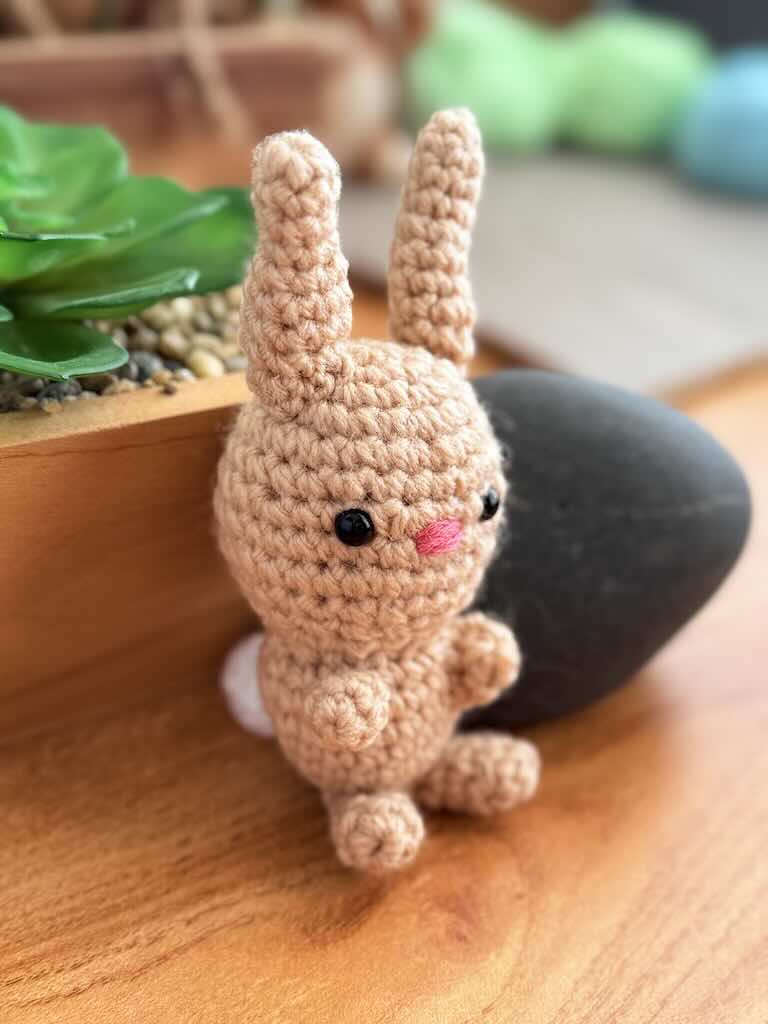 handmade crochet bunny toy named Boink with soft ears and cute smile