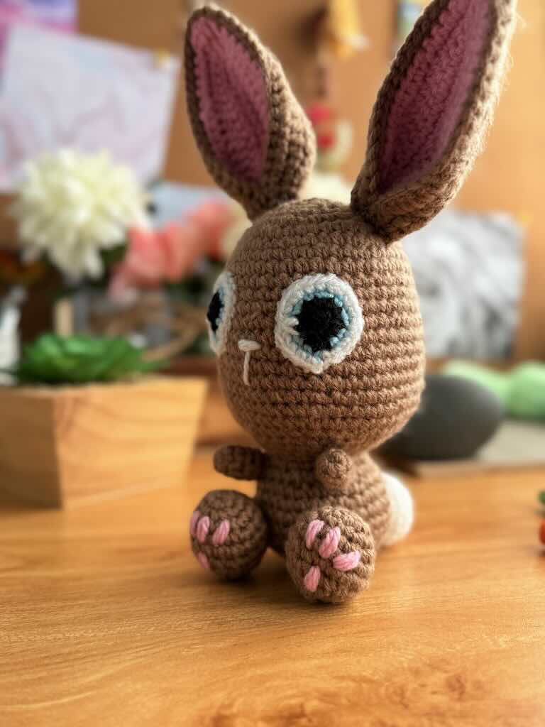 handmade crochet bunny toy named Flopsy with floppy ears and big eyes